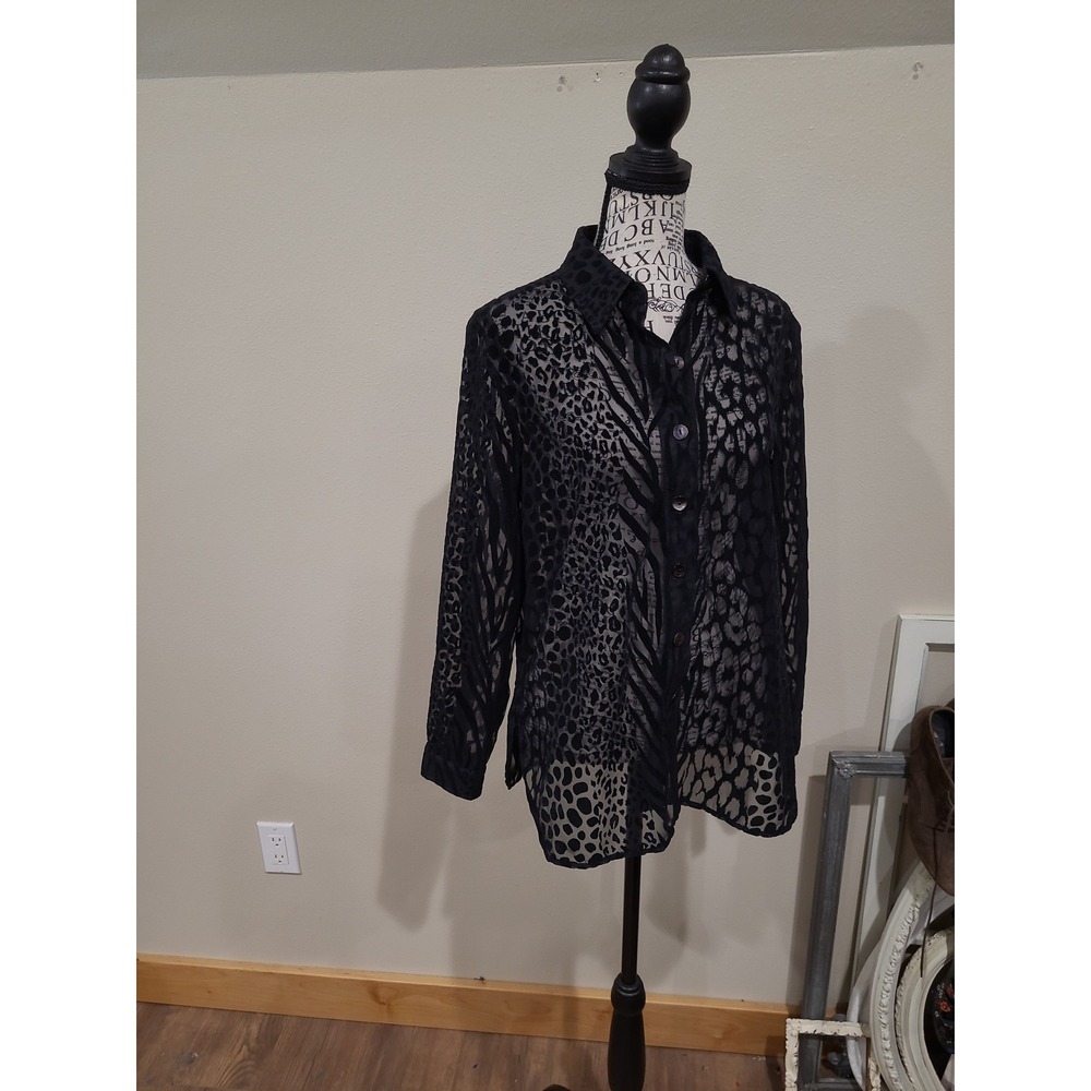 Sheer black velour Burnout animal print blouse women SZ‎ PM goth Coldwater Creek